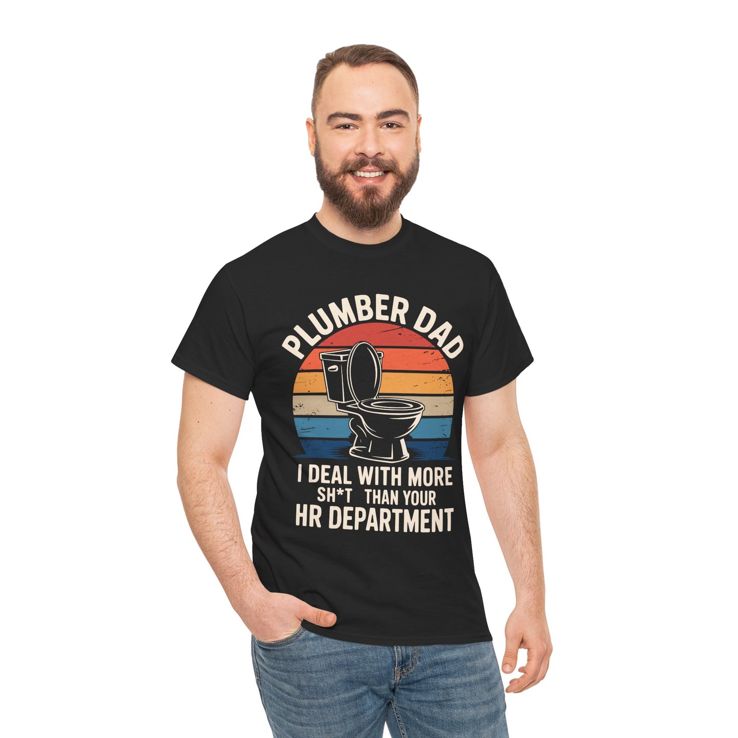 Man wearing a black t-shirt with 'Plumber Dad' graphic and text on a white background