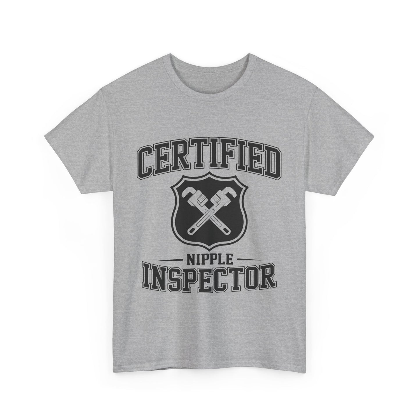 Heather gray t-shirt with 'Certified Nipple Inspector' text and graphic on a white background