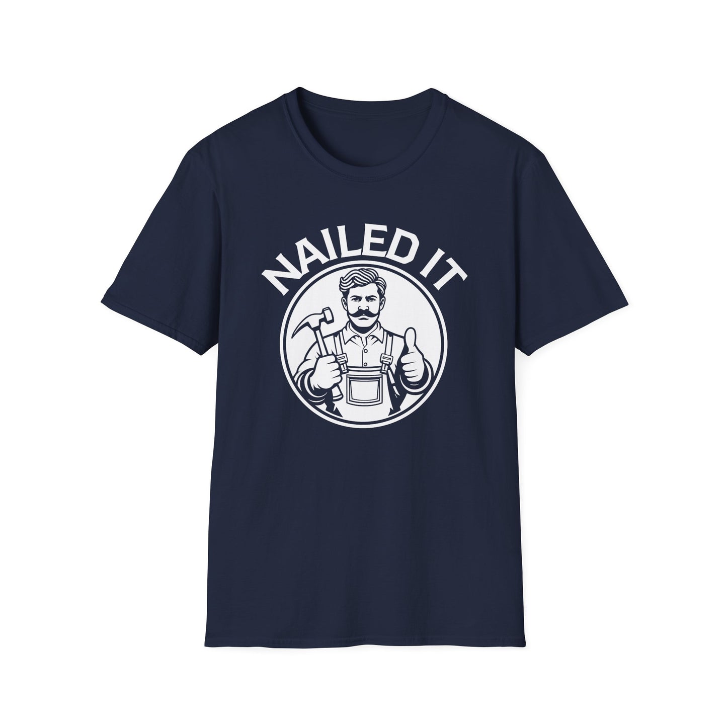 Navy blue t-shirt with 'NAILED IT' graphic and man giving thumbs up on a white background