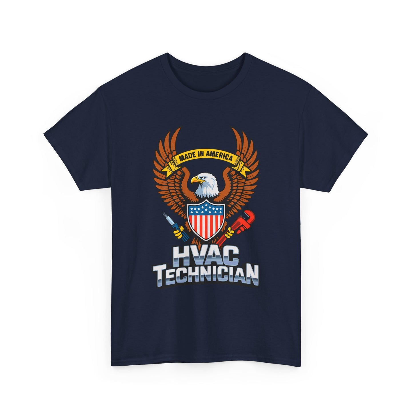 Navy blue t-shirt with HVAC Technician graphic featuring an eagle and shield on a white background