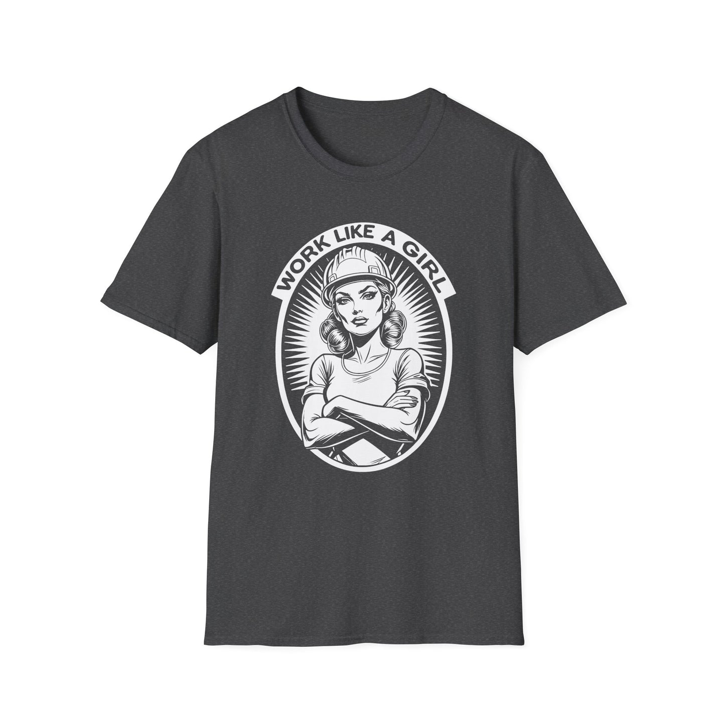 Dark Gray t-shirt with graphic design and text 'Work Like a Girl'