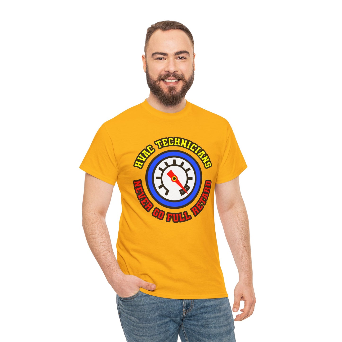Man wearing a yellow t-shirt with an HVAC graphic design on a white background