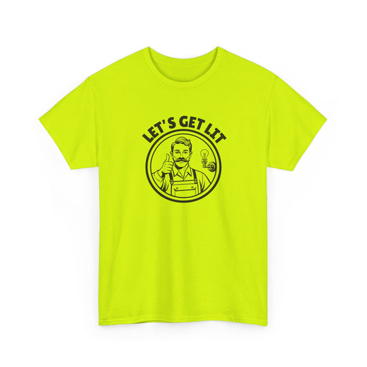 Bright yellow t-shirt with black 'Let's Get Lit' graphic' on a white background