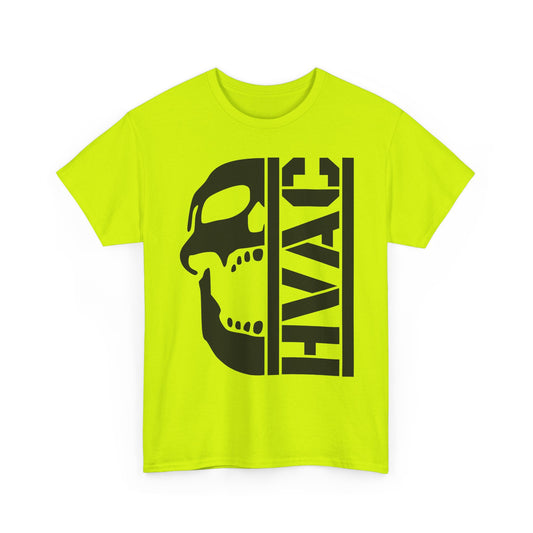 Neon green t-shirt with black skull and 'HVAC' text design on a white background