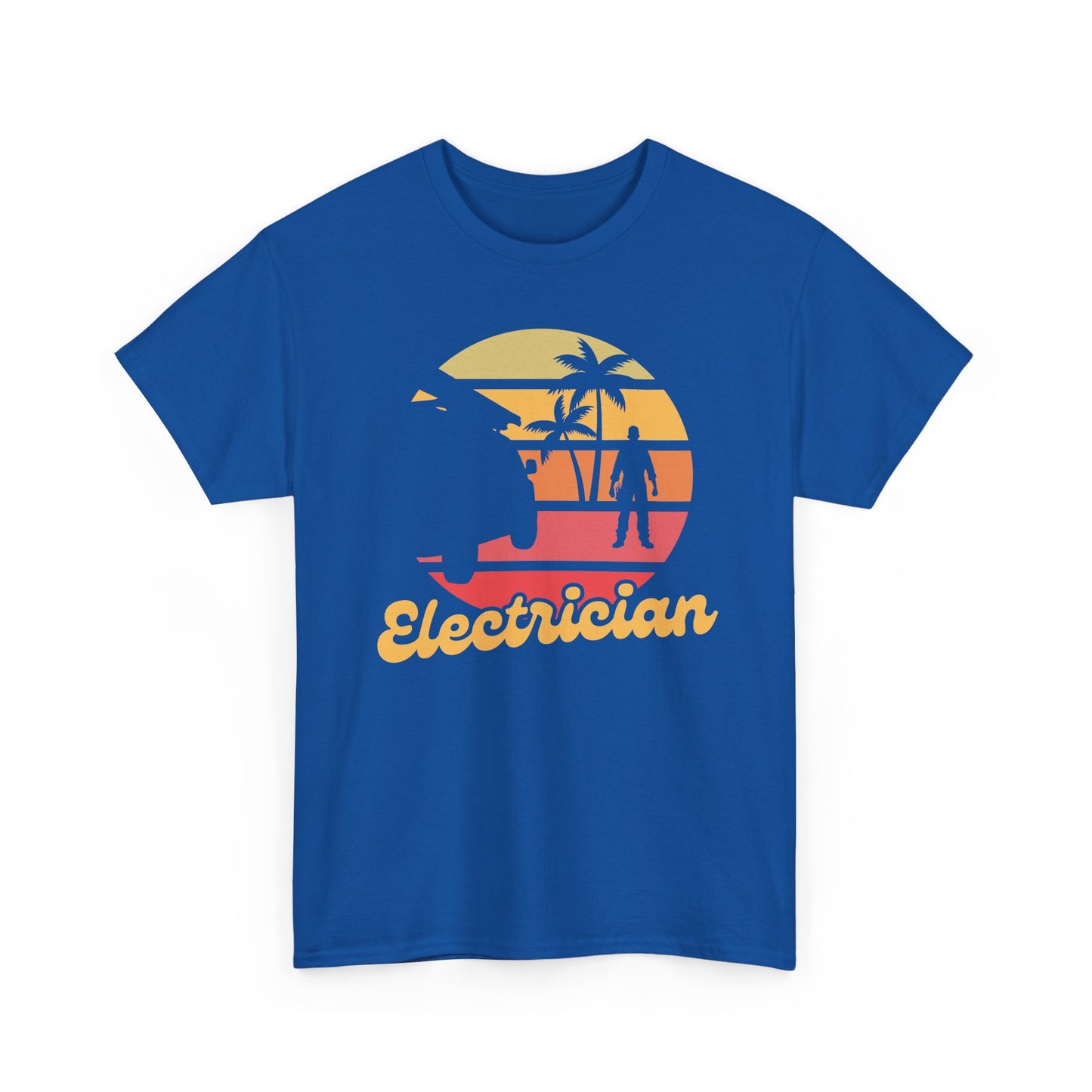 Blue t-shirt with a tropical graphic and 'Electrician' text on a white background