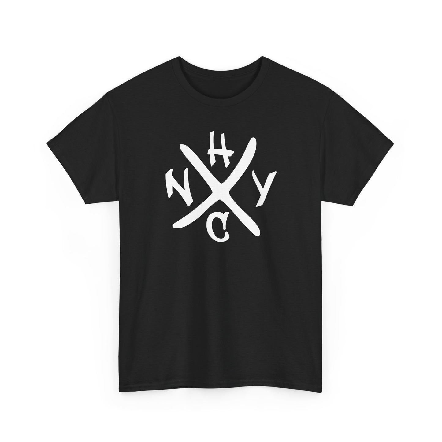 Black t-shirt with white 'NYHC' logo on a white background