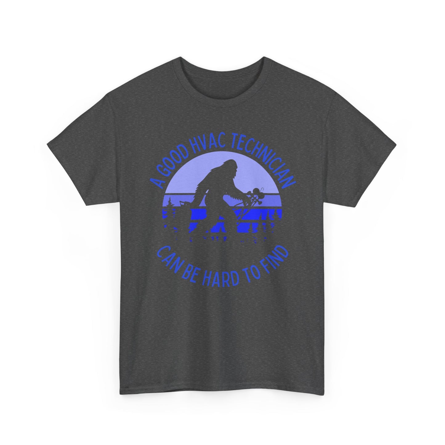 Gray t-shirt with blue HVAC technician Bigfoot graphic and text on a white background