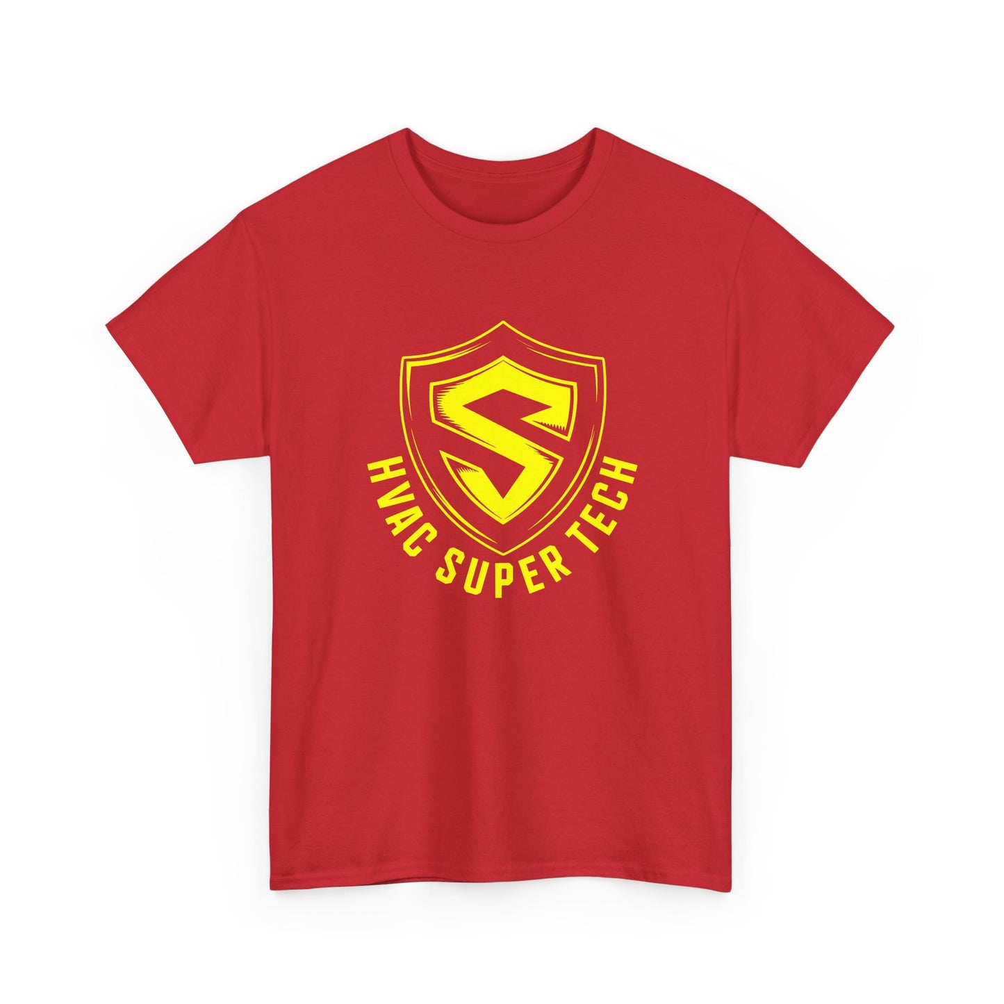 Red t-shirt with yellow HVAC Super Tech logo on a white background