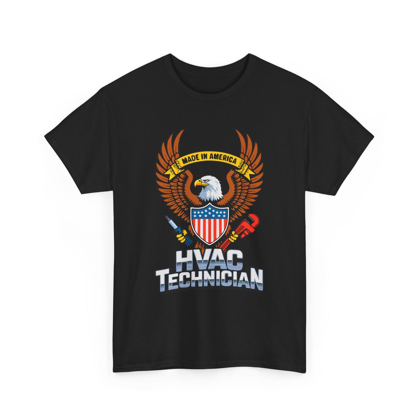 Black t-shirt with HVAC Technician design featuring an eagle and American flag on a white background