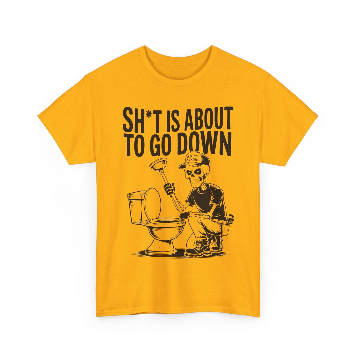 Yellow t-shirt with a graphic design and text on a white background