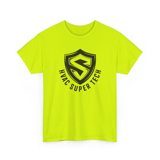 Bright yellow t-shirt with 'HVAC Super Tech' logo on a white background