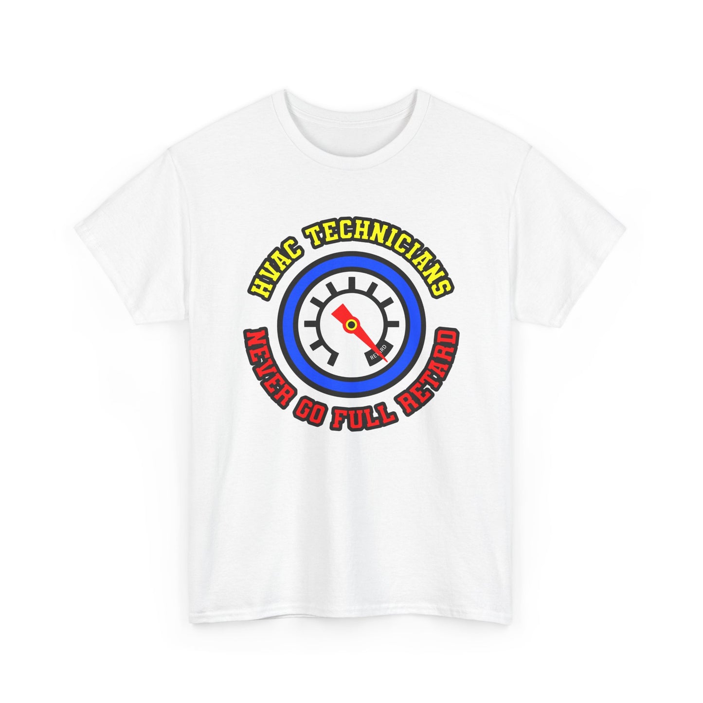 White t-shirt with HVAC technician graphic and text on a white background
