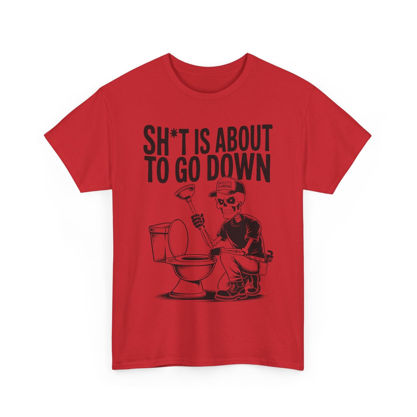 Red t-shirt with black graphic and text 'Sh*t is about to go down' on a white background