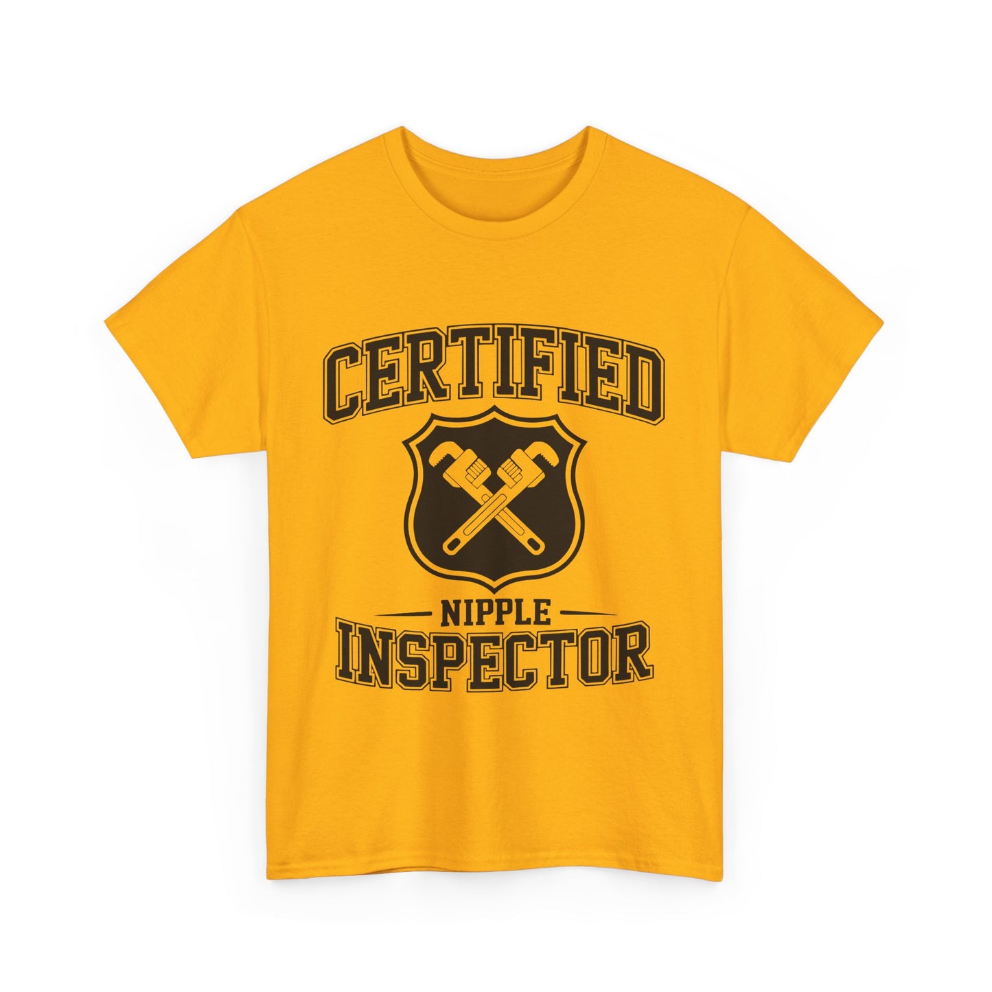 Gold t-shirt with 'Certified Nipple Inspector' text and graphic on a white background