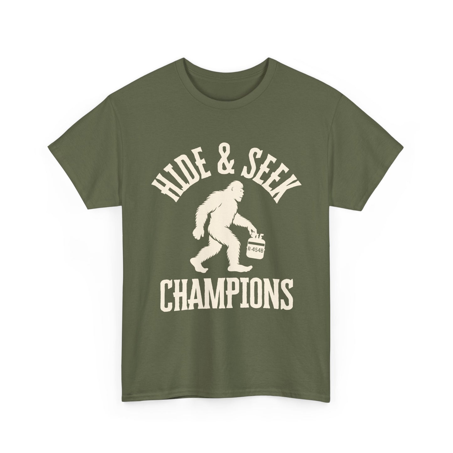 Green HVAC t-shirt with 'Hide & Seek Champions' graphic featuring a bear and beer mug on a white background
