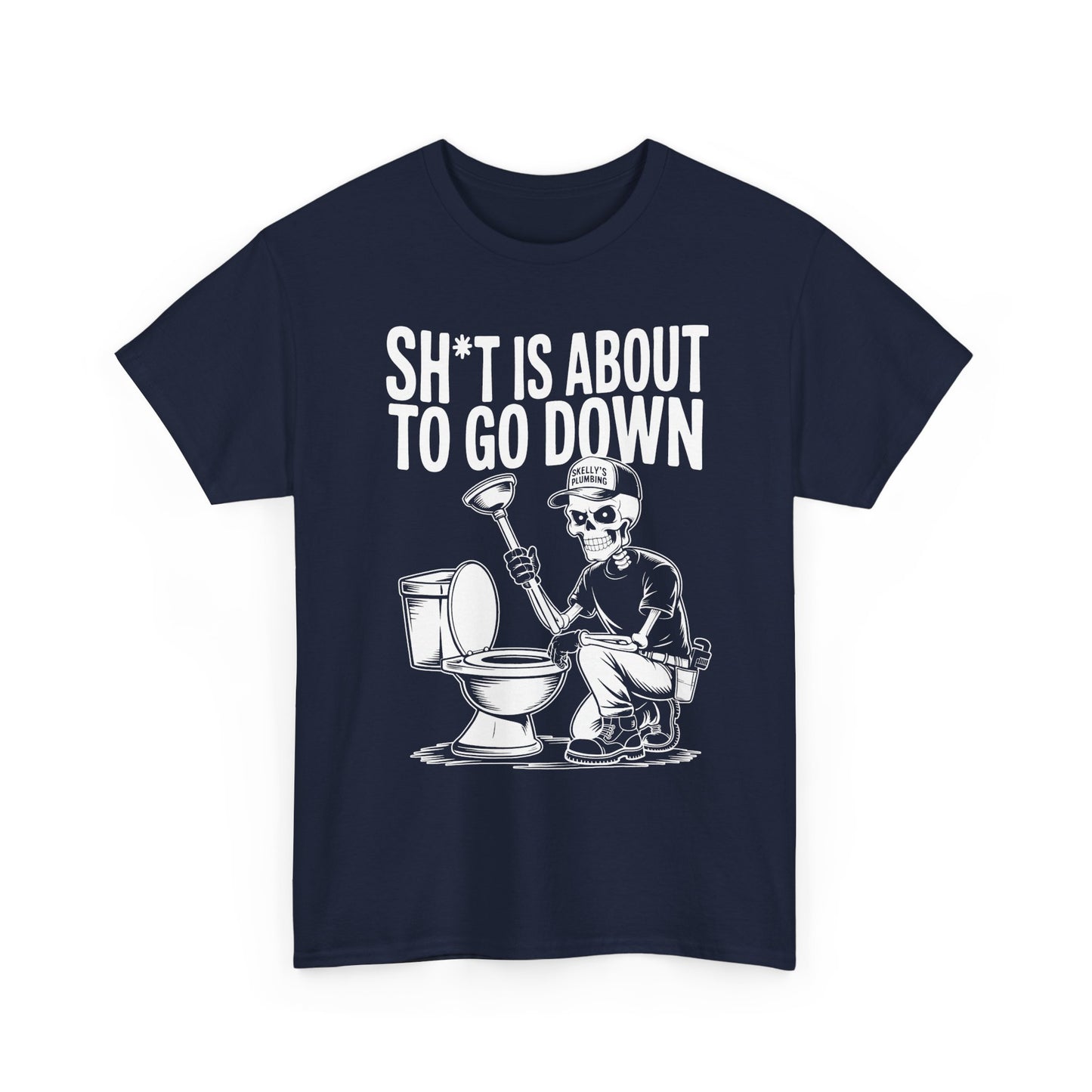 Navy blue t-shirt with a graphic of a skeleton and text 'SH*T IS ABOUT TO GO DOWN' on a white background