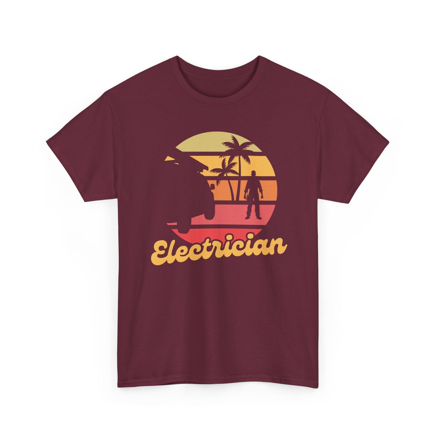 Maroon t-shirt with a graphic design of an electrician and palm trees, labeled 'Electrician', on a white background.