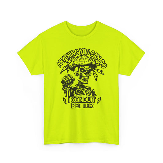 Yellow t-shirt with skeleton graphic and text 'I conduit better' on a white background