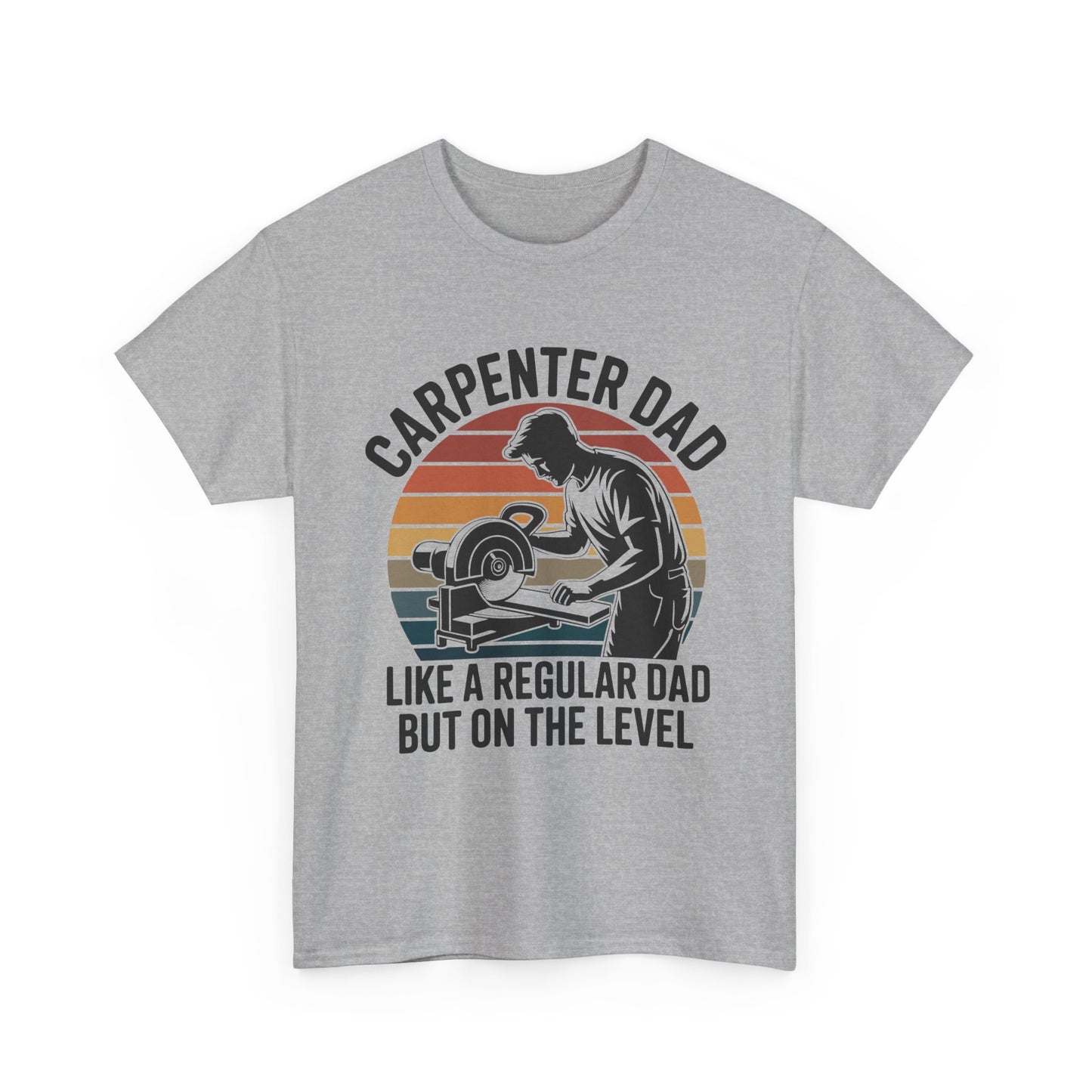 Gray t-shirt with a graphic of a carpenter Dad and text on a white background