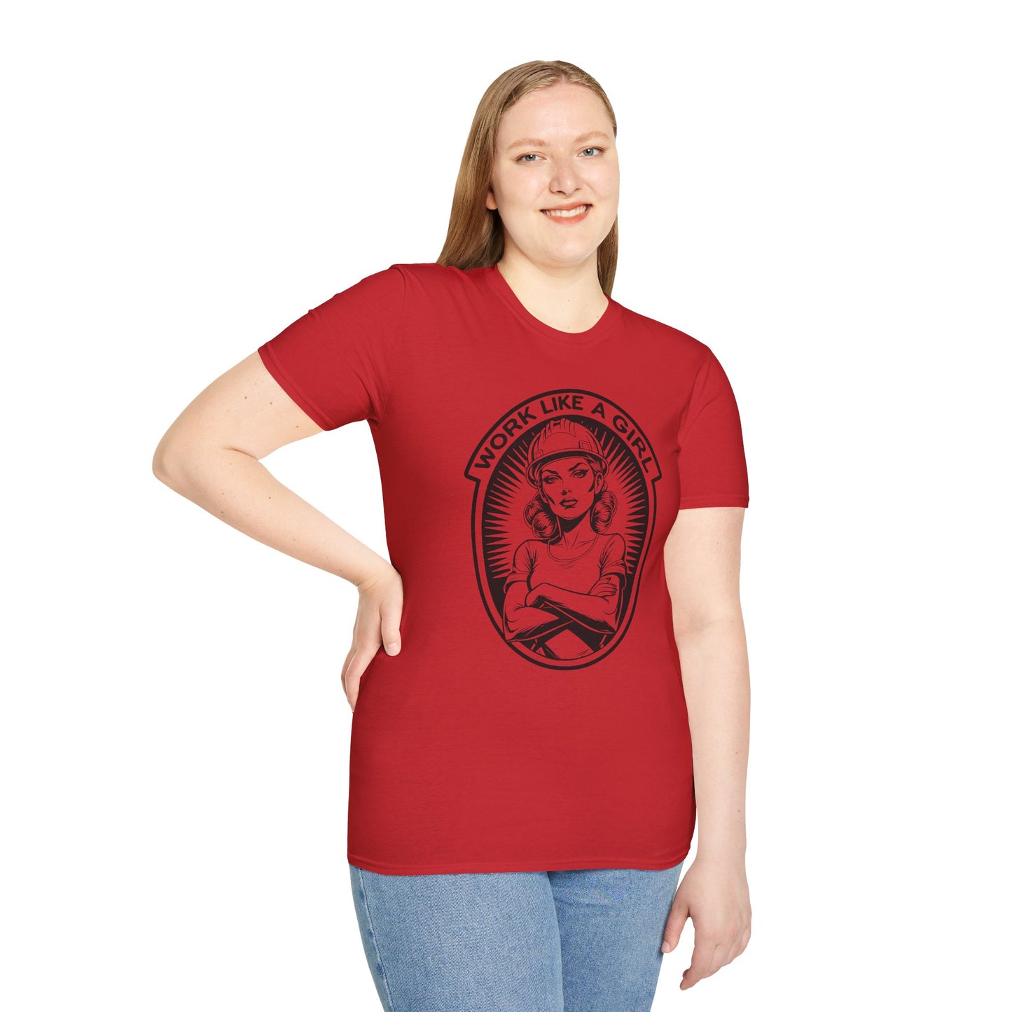 Woman wearing a green t-shirt with graphic design and text 'Work Like a Girl'