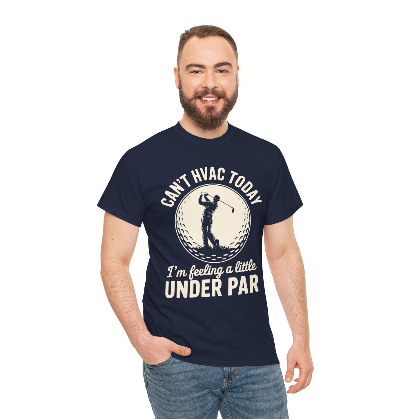 Man wearing a navy blue t-shirt with a humorous HVAC and golf-themed graphic and text.