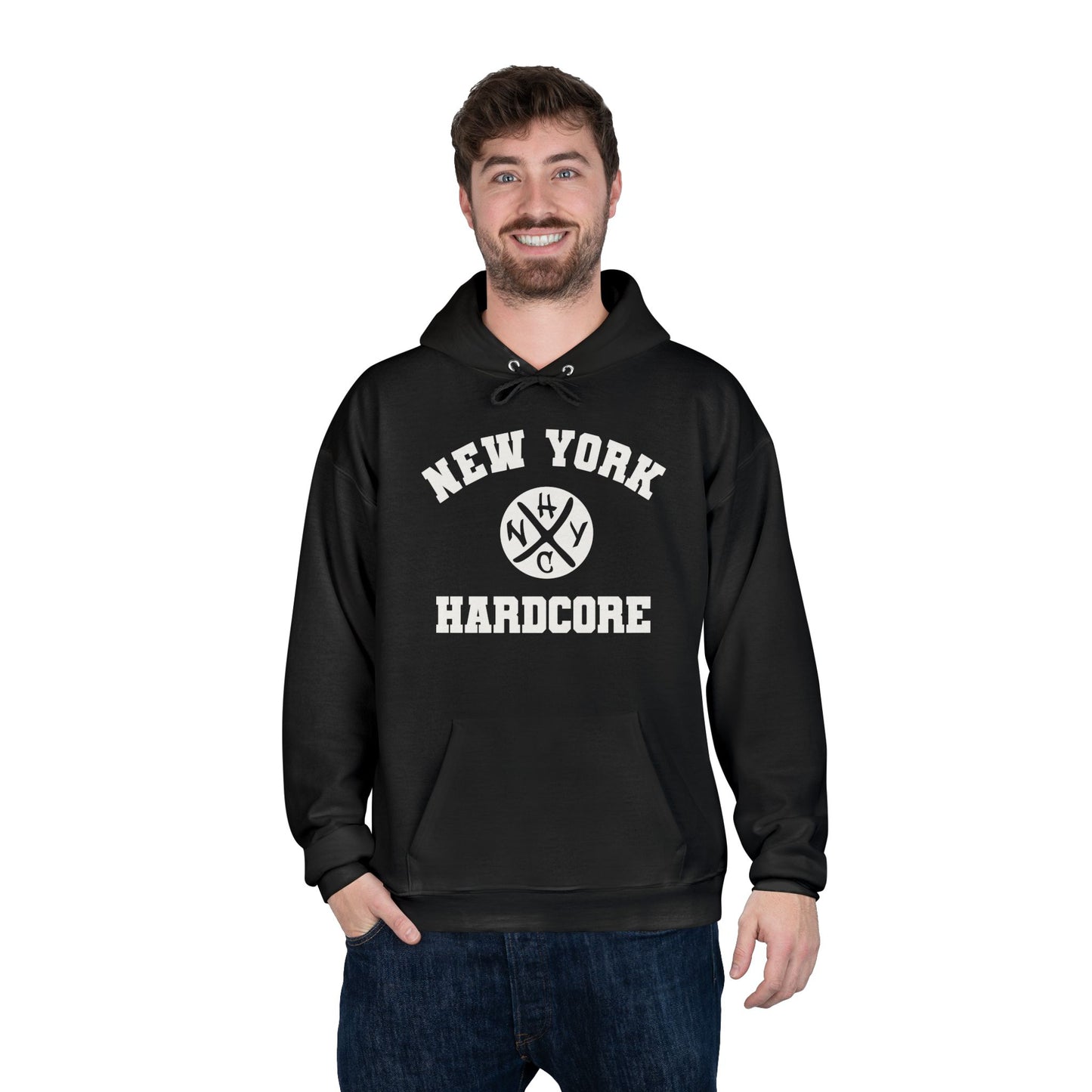 Man wearing a black hoodie with 'New York Hardcore' text on a white background