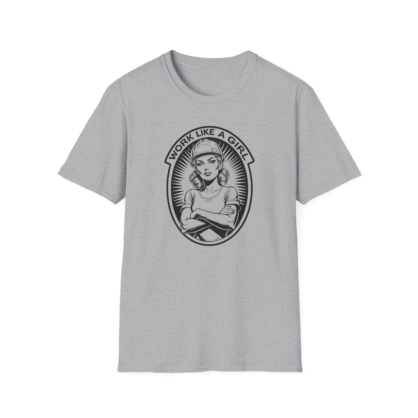 Gray t-shirt with graphic design and text 'Work Like a Girl' on a white background