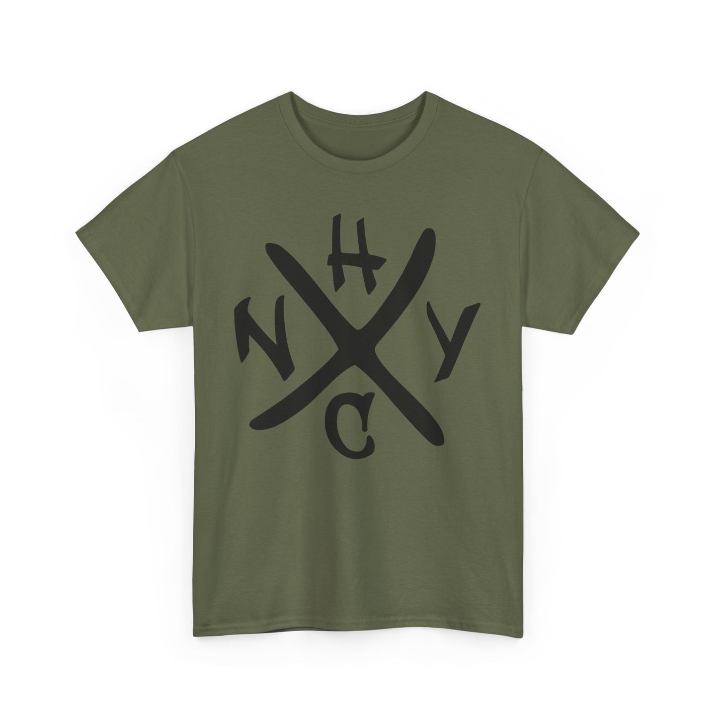 Green t-shirt with black 'NYHC' design on a white background