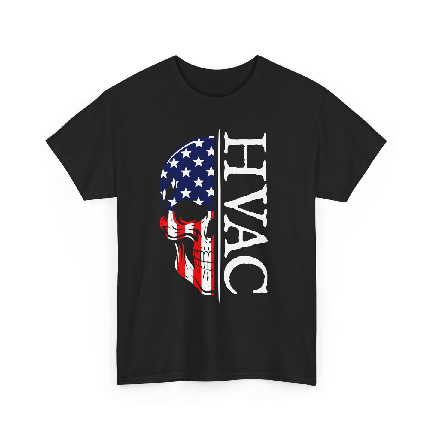 Black t-shirt with American flag skull design and 'HVAC' text on a white background