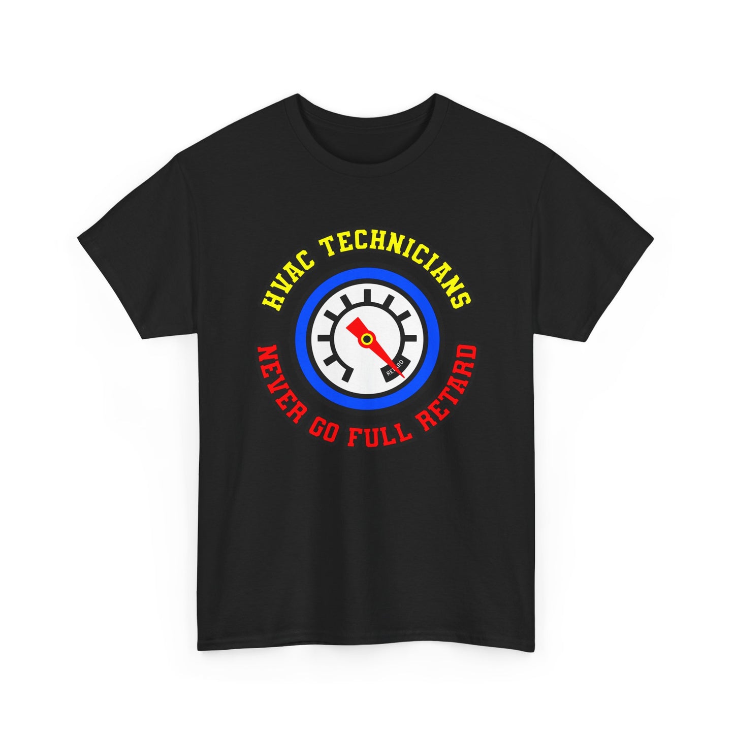 Black t-shirt with HVAC technician graphic and text on a white background