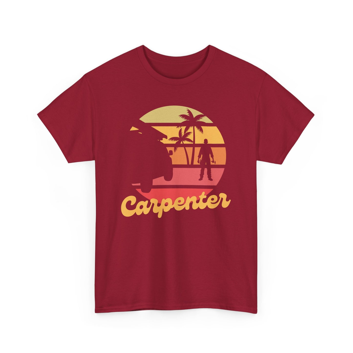Red t-shirt with a 'Carpenter' graphic design featuring palm trees and a sunset.