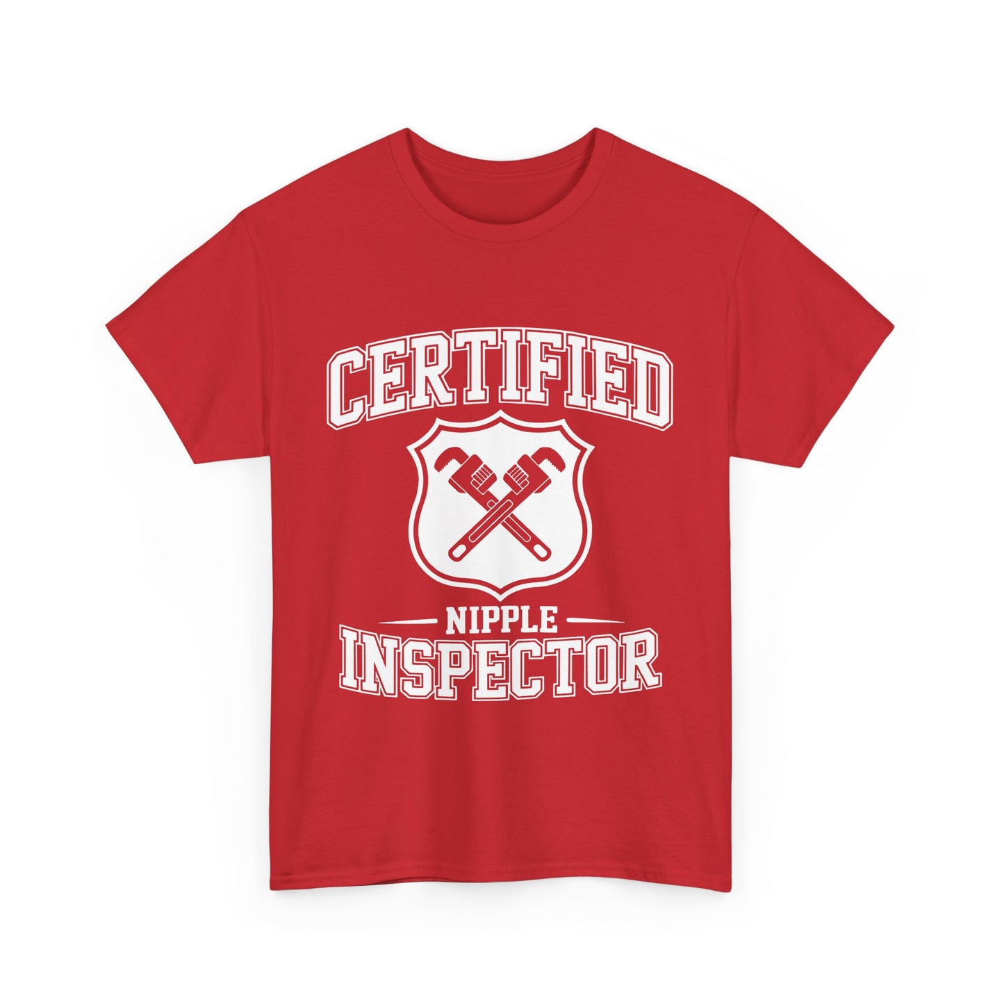 Red t-shirt with white graphic and text 'Certified Nipple Inspector' on a white background