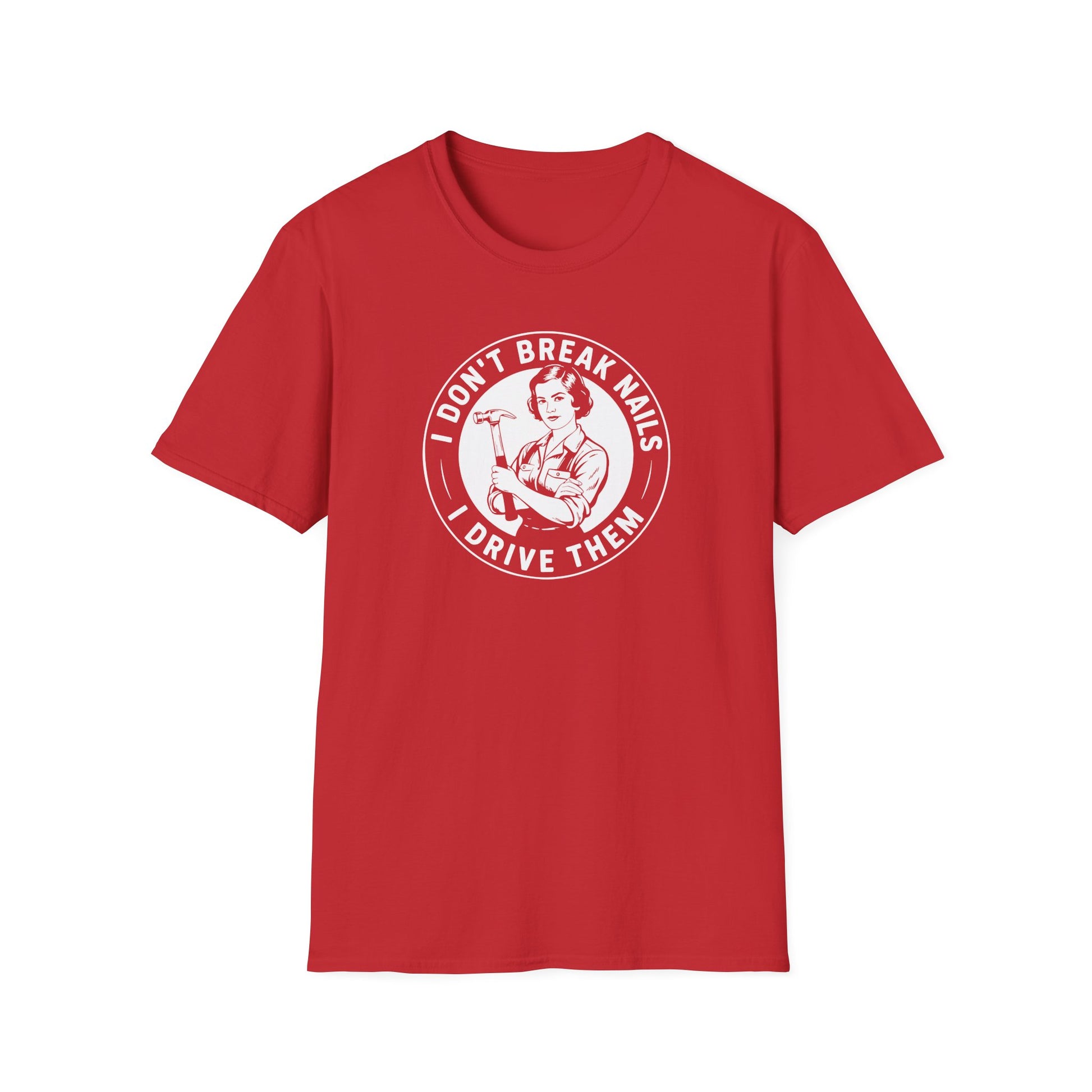Red t-shirt with white graphic and 'I don't break nails' text on a white background