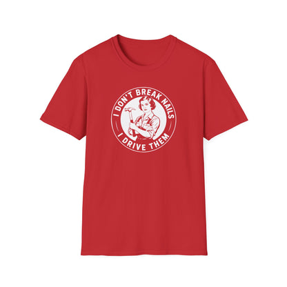 Red t-shirt with white graphic and 'I don't break nails' text on a white background