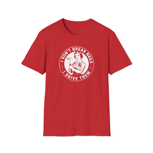 Red t-shirt with white graphic and 'I don't break nails' text on a white background