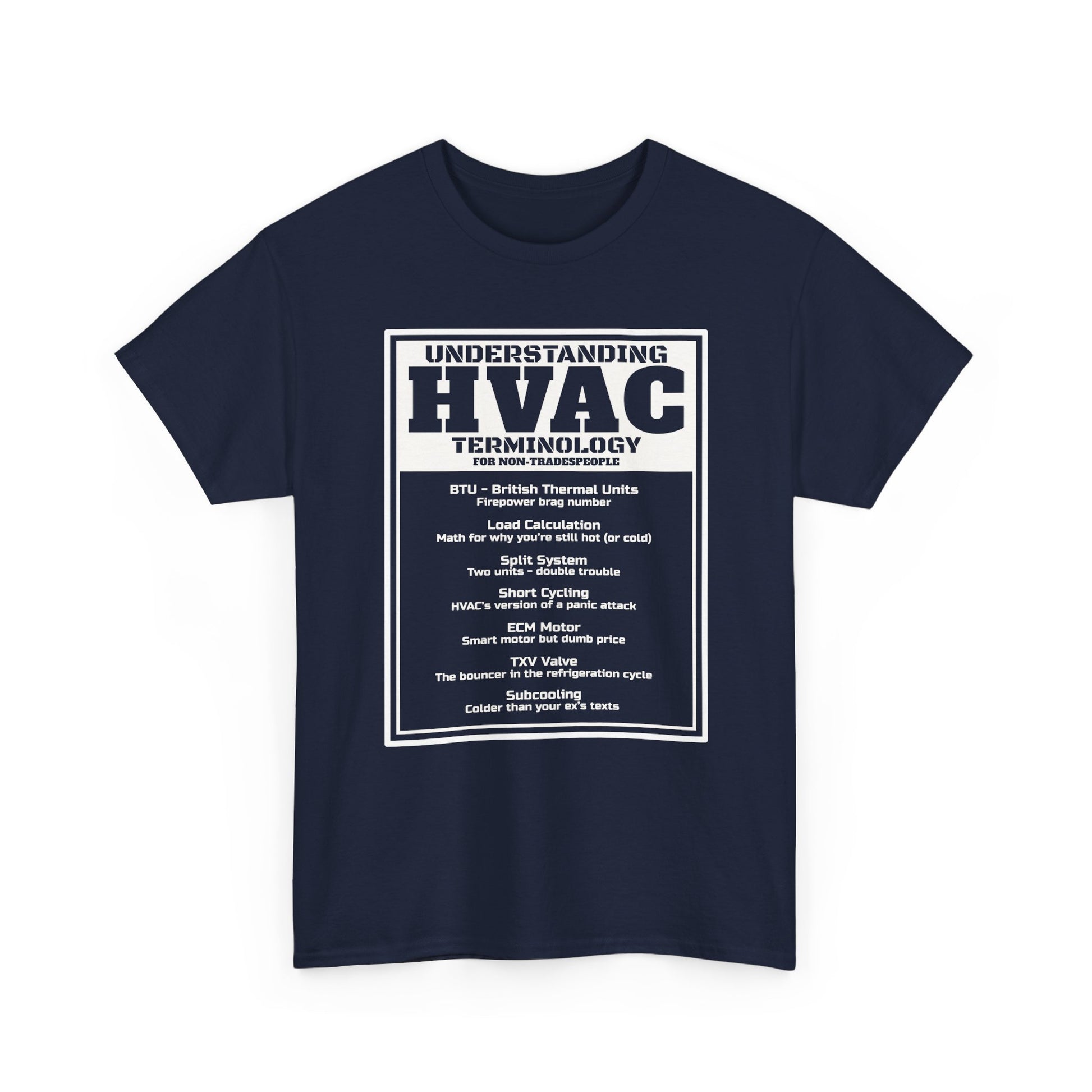 Navy blue t-shirt with HVAC terminology text on a white background