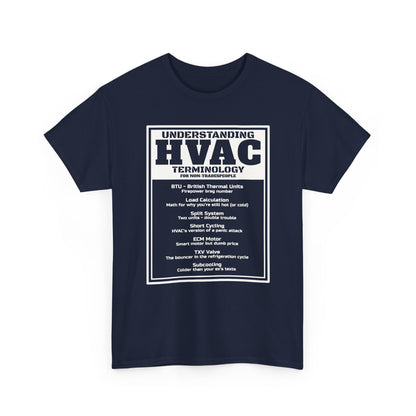 Navy blue t-shirt with HVAC terminology text on a white background