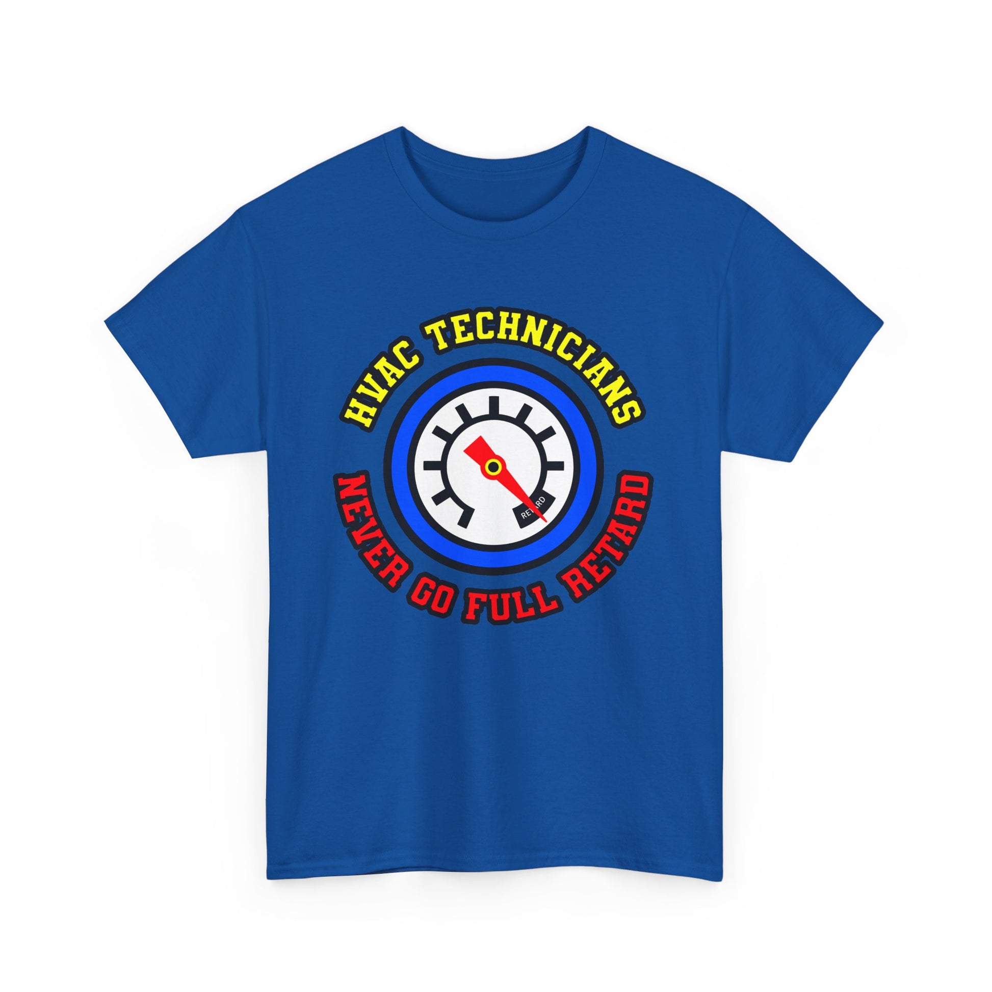 Blue t-shirt with HVAC technicians graphic and text on a white background