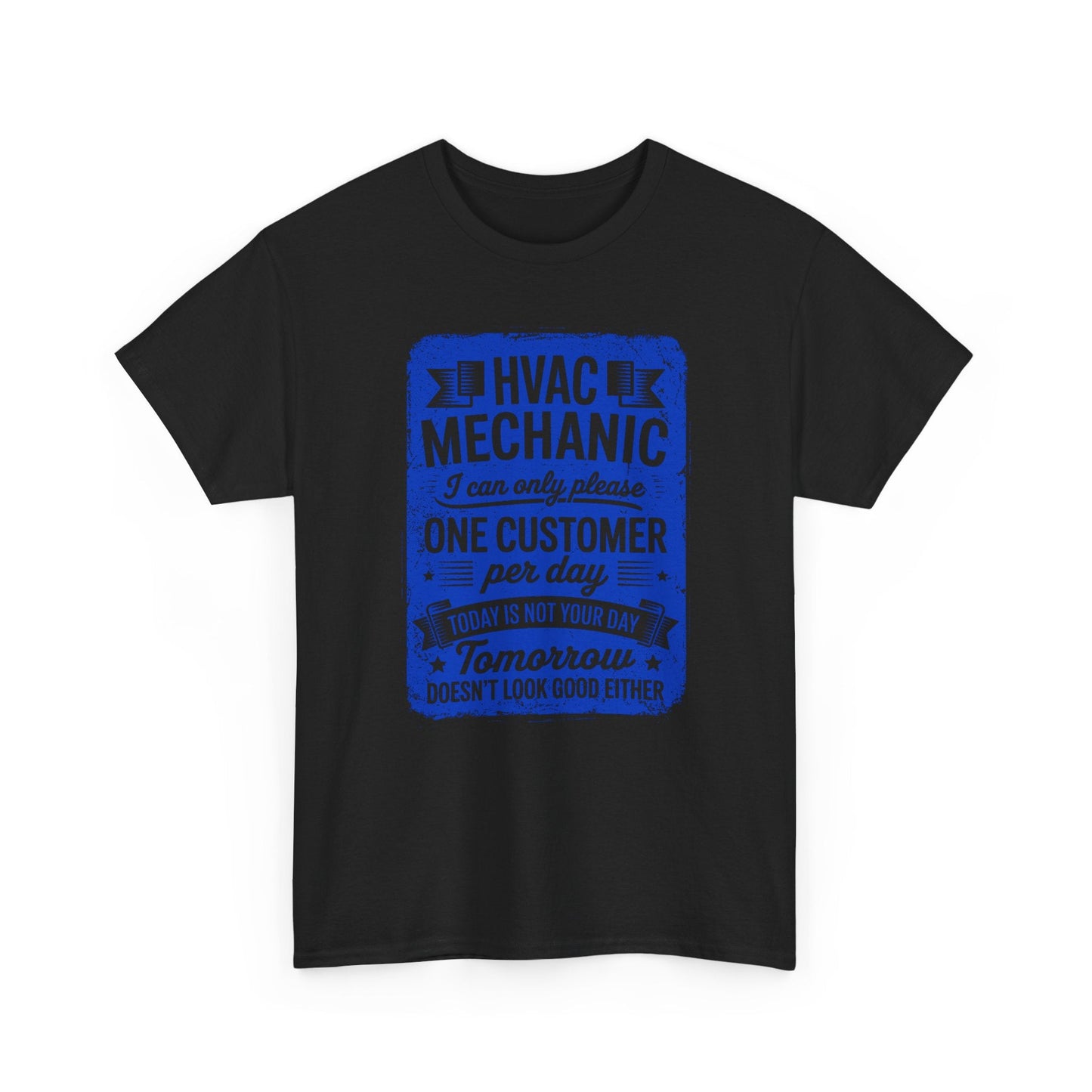 Black t-shirt with blue HVAC Mechanic graphic and text on a white background