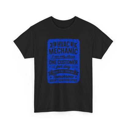 Black t-shirt with blue HVAC Mechanic graphic and text on a white background