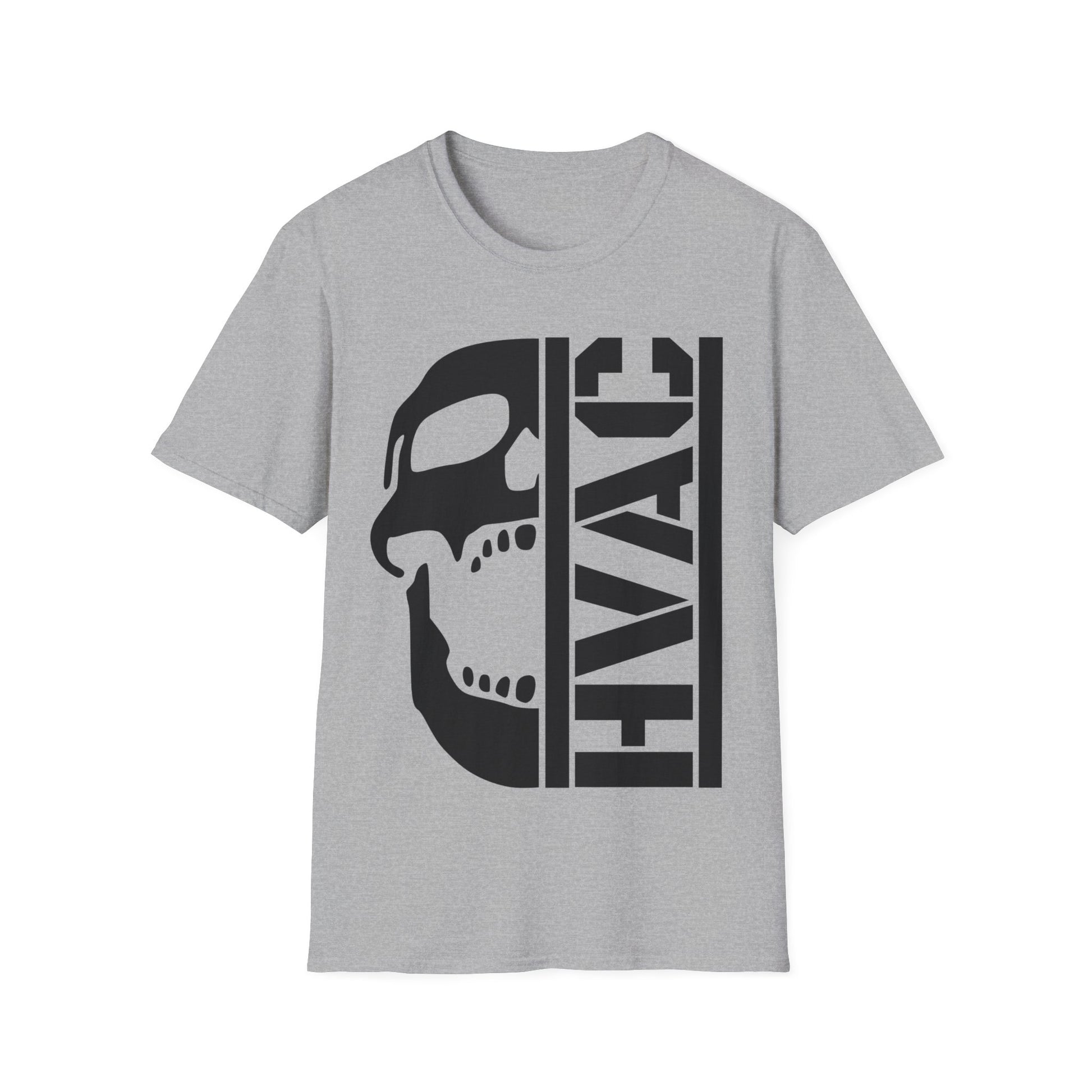 Gray t-shirt with black skull and 'HVAC' text design on a white background