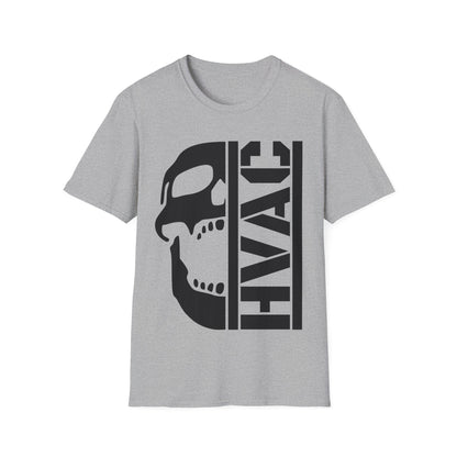 Gray t-shirt with black skull and 'HVAC' text design on a white background