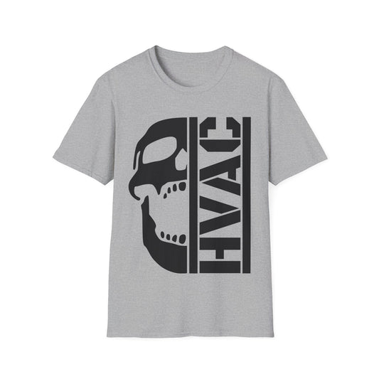 Gray t-shirt with black skull and 'HVAC' text design on a white background