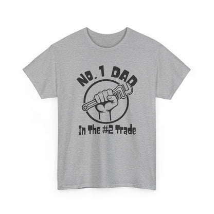 Gray t-shirt with black pipewrench graphic and Plumber dad text on a white background