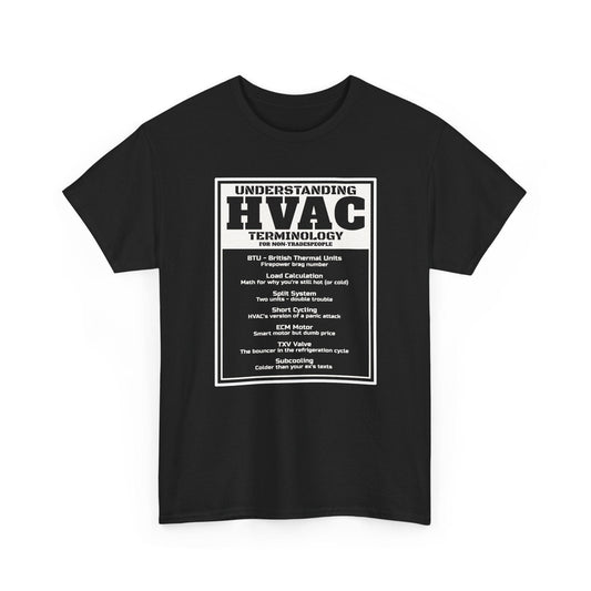 Black t-shirt with HVAC terminology text on a white background