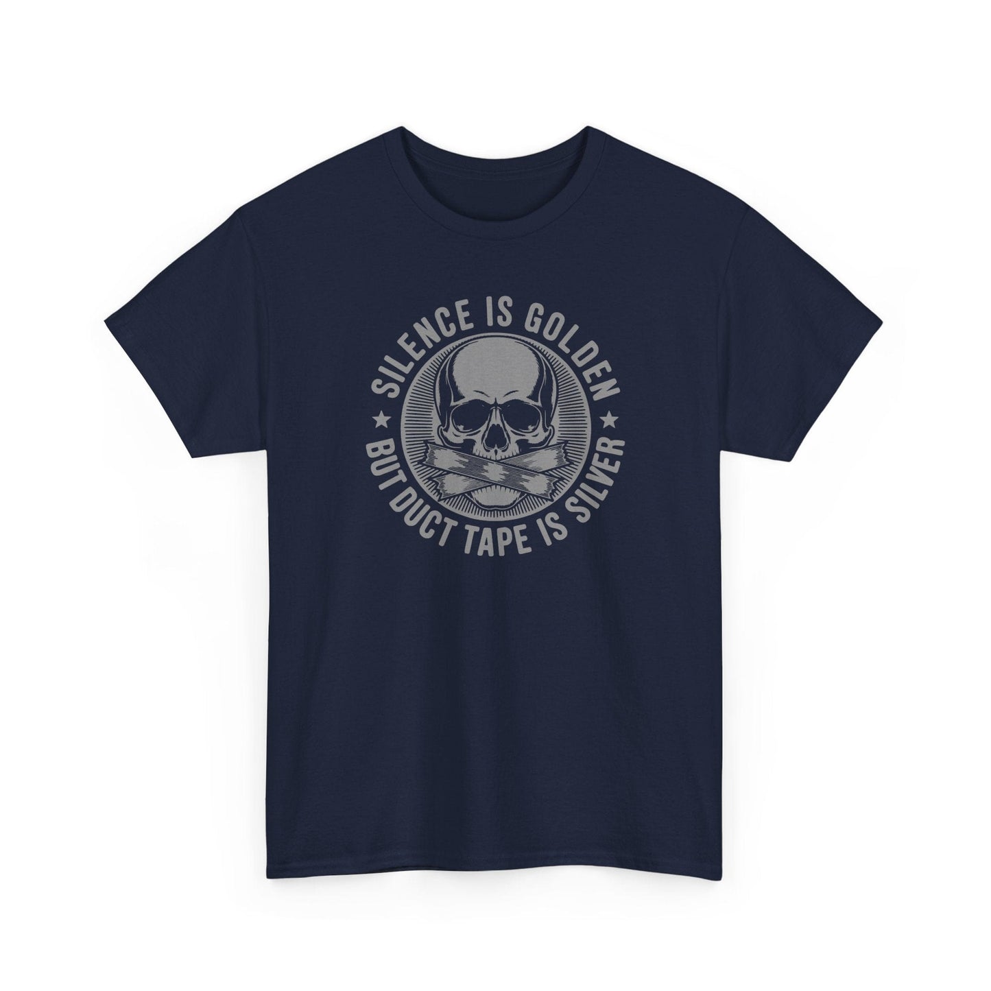Navy blue t-shirt with a skull and crossbones design and text on a white background