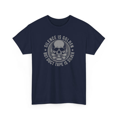 Navy blue t-shirt with a skull and crossbones design and text on a white background
