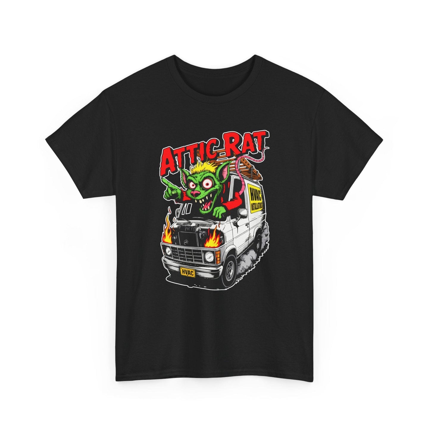 Black t-shirt with a graphic of a monster truck and 'Attic Rat' text on a white background