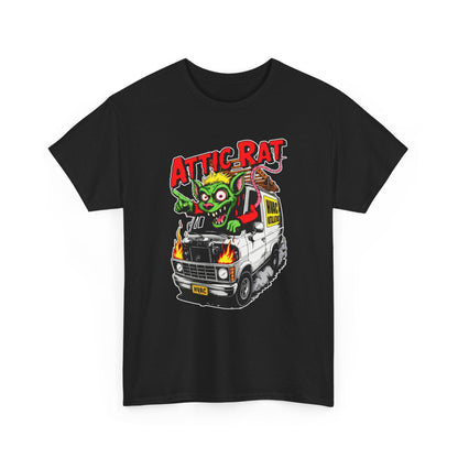 Black t-shirt with a graphic of a monster truck and 'Attic Rat' text on a white background