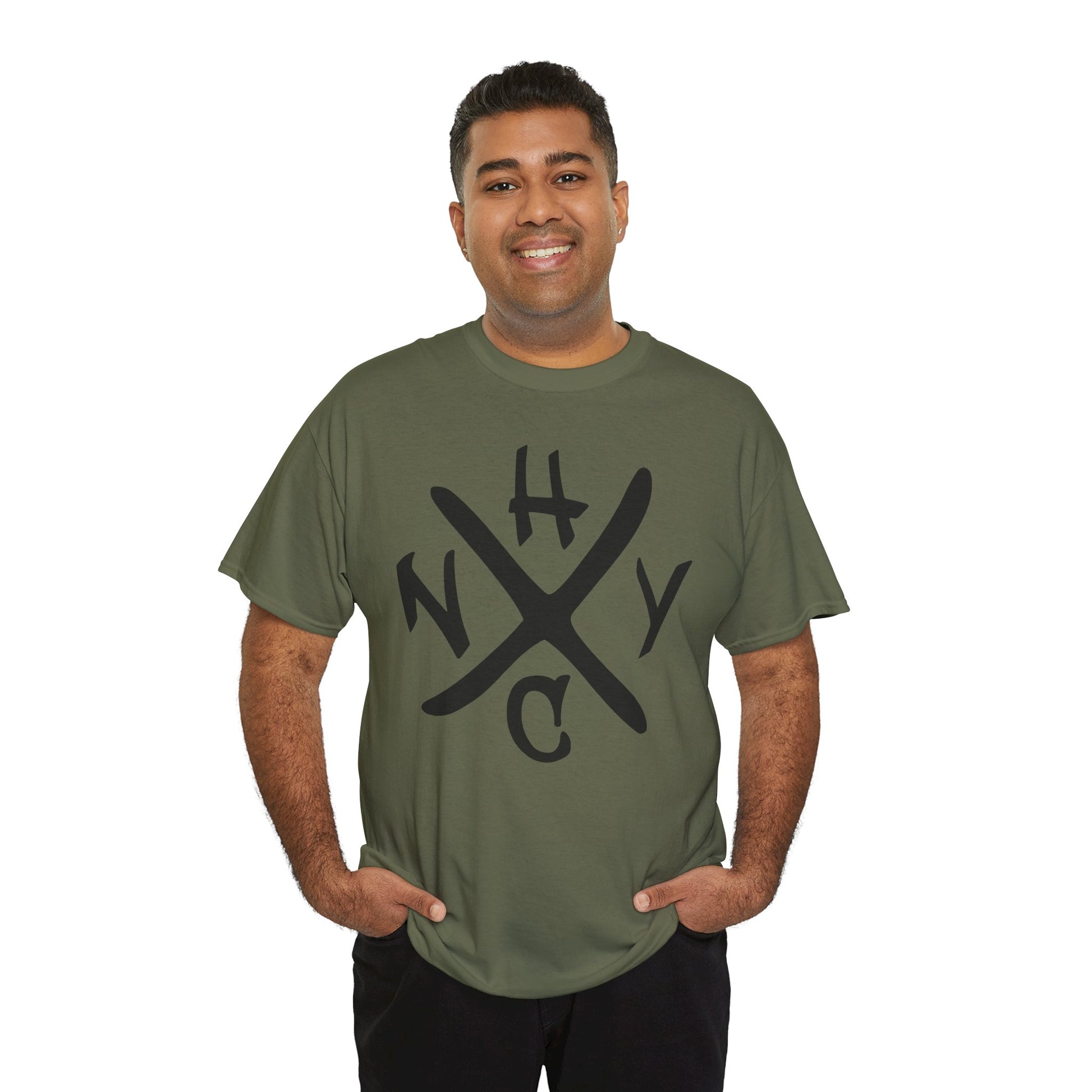 Man wearing a green t-shirt with 'NYHC' design on a white background